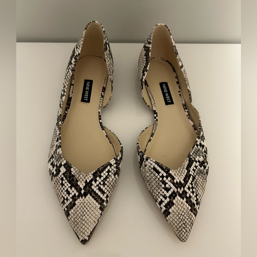 Nine West Snake Print Pointed Toe Flats in Black & Cream